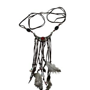 Iris Apfel & Bajalia Feather Dangle Bib Necklace Boho Indian Hippie Statement